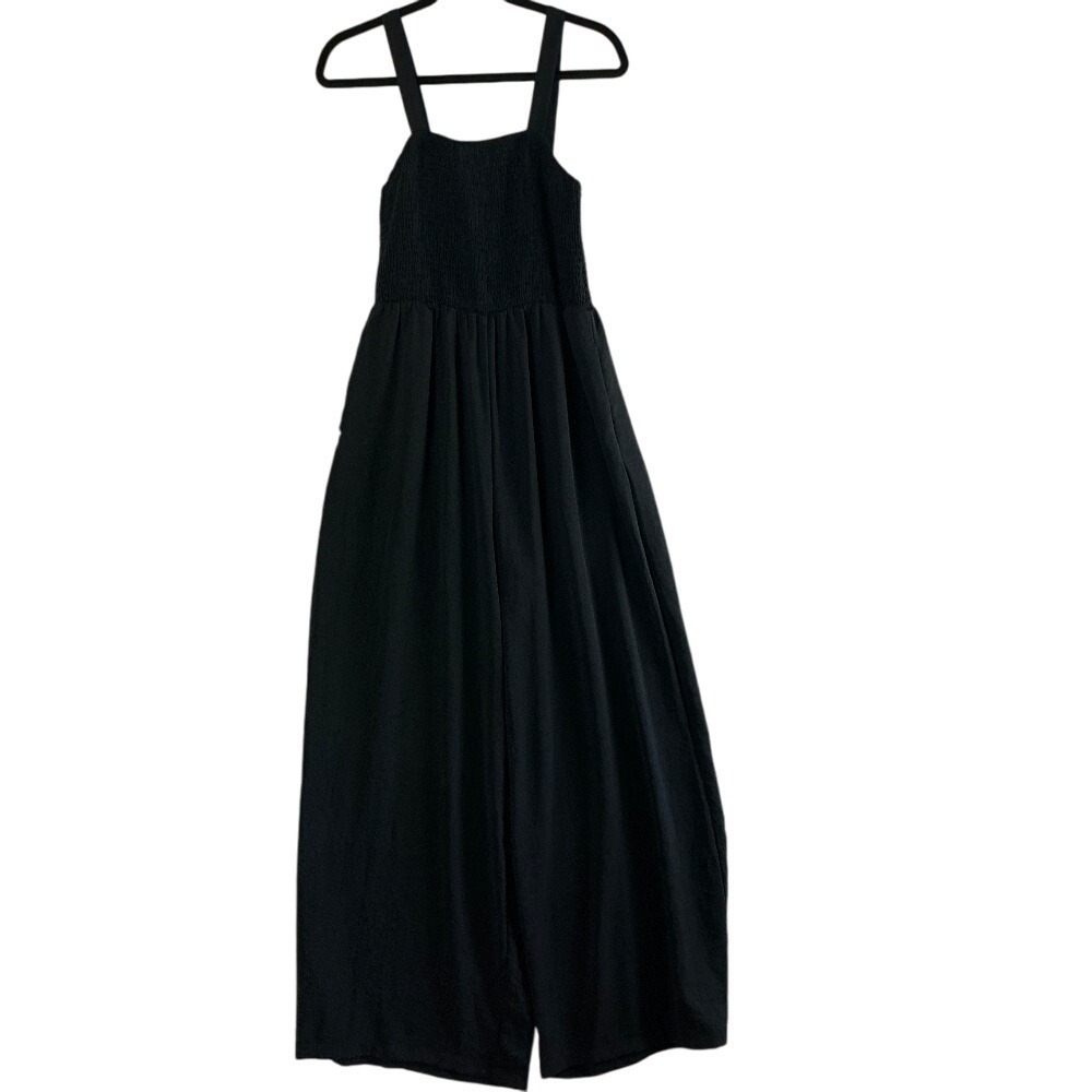 Shirred Black Jumpsuit Women's Large Wide Leg Sleeveless